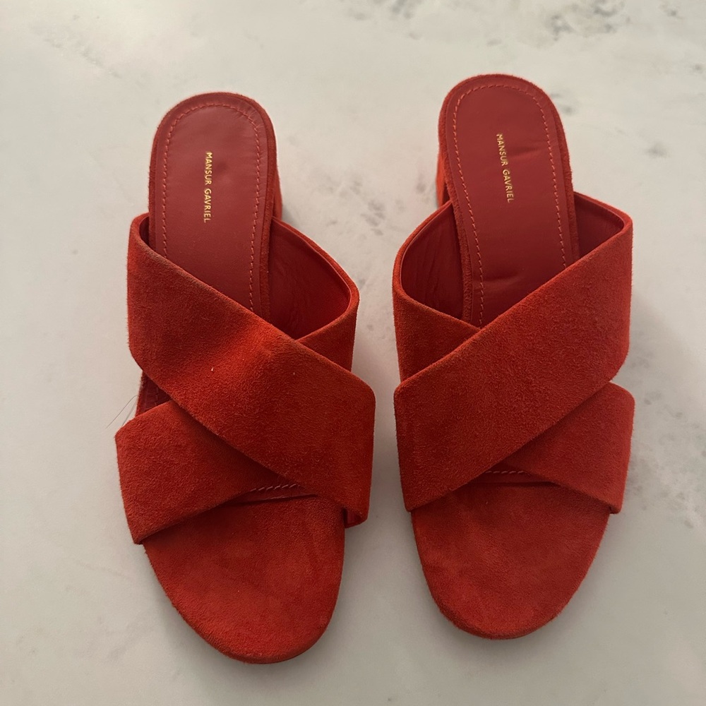 Mansur Gavriel Red Suede Mules 3”